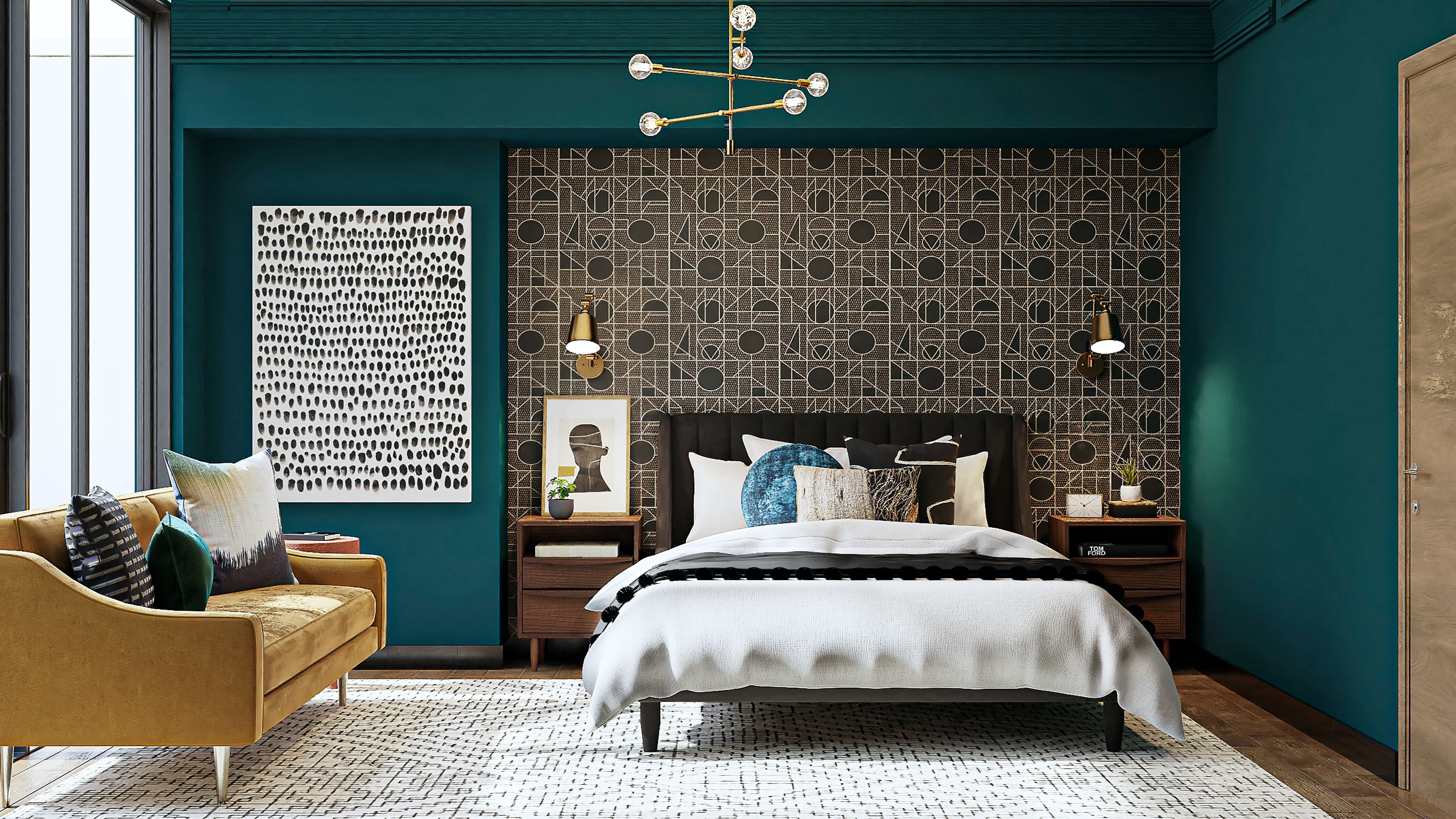 Bedroom with a mixture of solid paintwork and intricate geometric textured wallpaper used as a feature piece on the wall behind the bed's headboard