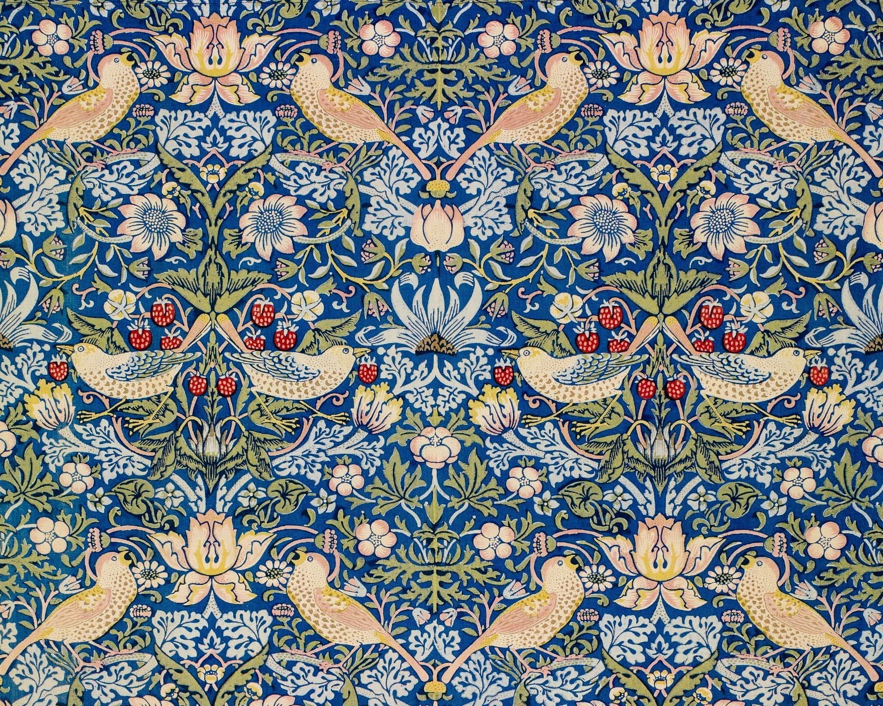 Intricate art-deco style wallpaper with a blue background with birds and plants positioned in a symmetrical repeating pattern.